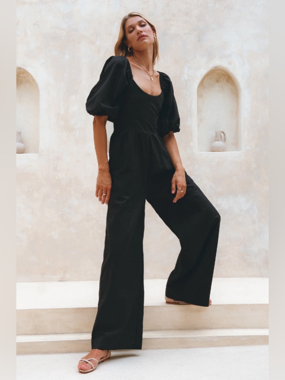 NEW BALI ELF heaven bay organic linen jumpsuit in black natural fibers